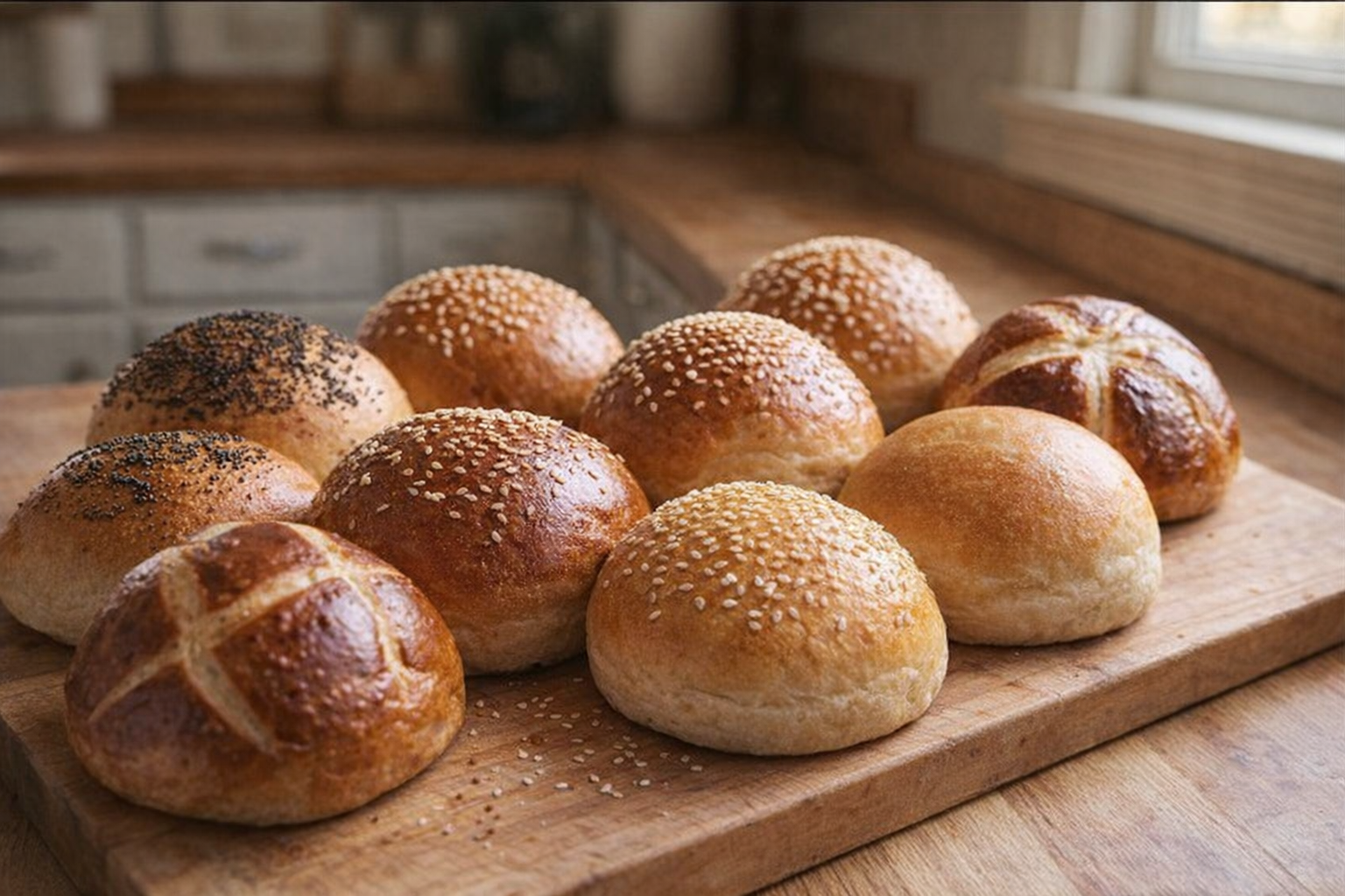 A variety of freshly baked burger buns displayed on a wooden cutting board, showcasing different shapes, colors, and toppings like sesame seeds and poppy seeds, warm natural light